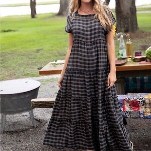 Natural Life Berkley Maxi Dress Navy Blue Brown Plaid Tiered 100% Cotton Size M